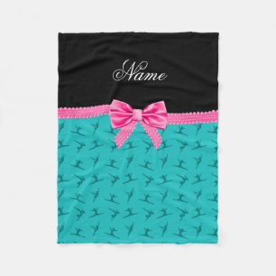 Personalised name turquoise gymnastics pink bow fleece blanket
