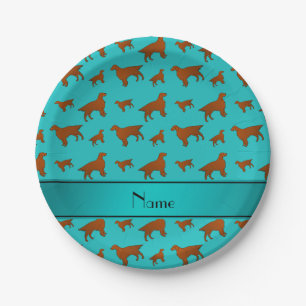 Personalised name turquoise irish setter dogs paper plate