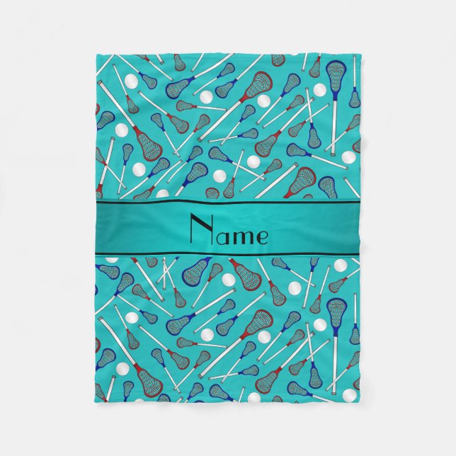 Personalised name turquoise lacrosse pattern fleece blanket (Front)