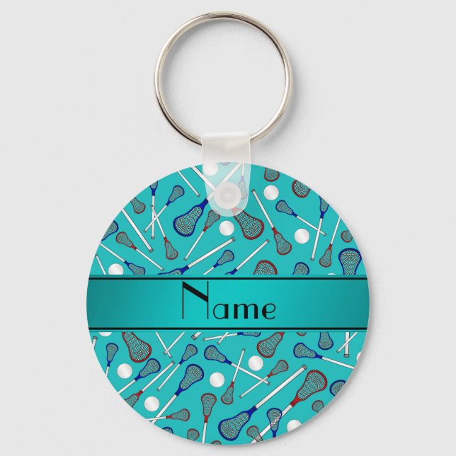 Personalised name turquoise lacrosse pattern key ring (Front)