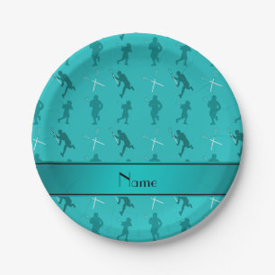 Personalised name turquoise lacrosse silhouettes paper plate