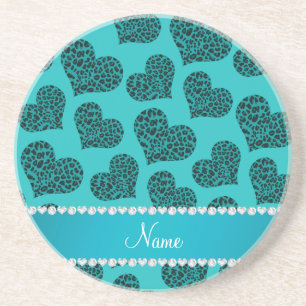 Personalised name turquoise leopard hearts coaster