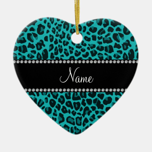 Personalised name turquoise leopard pattern ceramic tree decoration (Front)