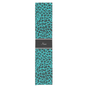 Personalised name turquoise leopard pattern short table runner