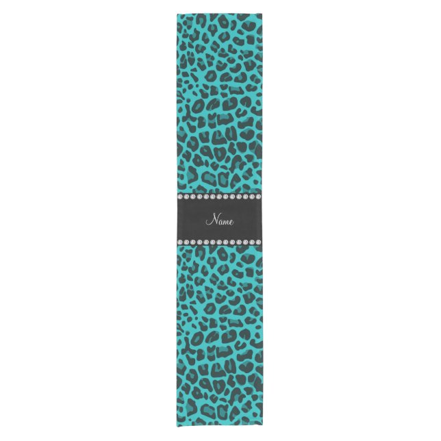 Personalised name turquoise leopard pattern short table runner (Front)