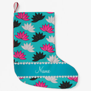 Personalised name turquoise lotus flowers small christmas stocking