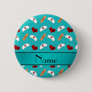 Personalised name turquoise nurse pattern 6 cm round badge