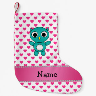 Personalised name turquoise owl pink hearts small christmas stocking