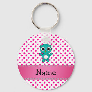 Personalised name turquoise owl pink stars key ring