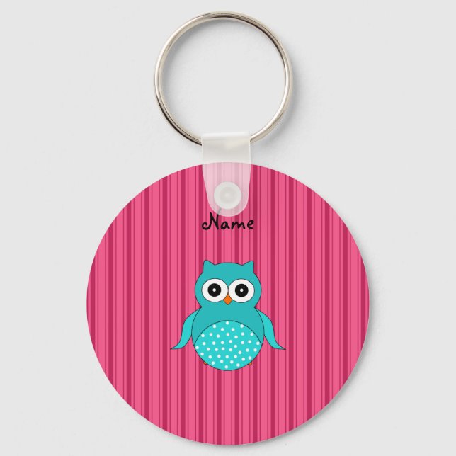 Personalised name turquoise owl pink stripes key ring (Front)