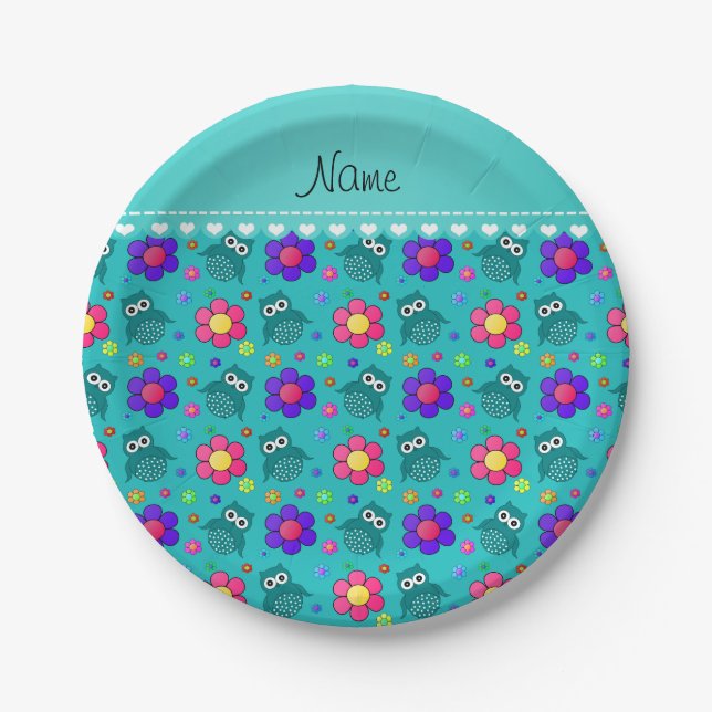Personalised name turquoise owls flowers pattern paper plate (Front)