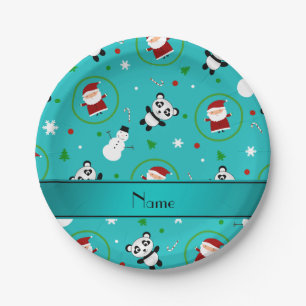 Personalised name turquoise panda santas christmas paper plate
