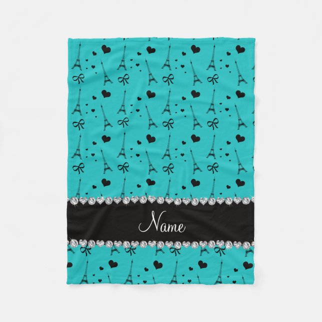 Personalised name turquoise paris eiffel tower fleece blanket (Front)