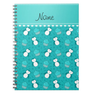 Personalised name turquoise penguins cupcakes star notebook