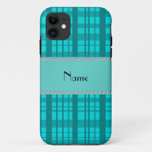 Personalised name turquoise plaid pattern iPhone 11 case