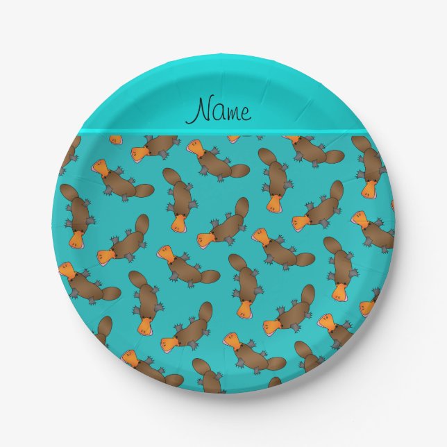 Personalised name turquoise platypus pattern paper plate (Front)