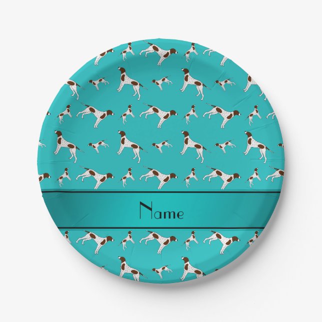 Personalised name turquoise Pointer dogs Paper Plate (Front)