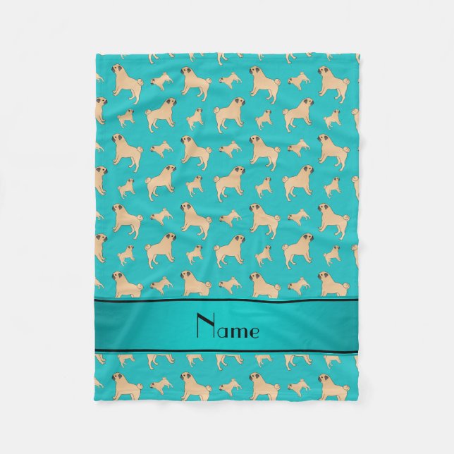 Personalised name turquoise Pug dogs Fleece Blanket (Front)
