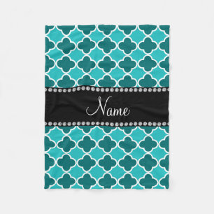 Personalised name turquoise quatrefoil pattern fleece blanket