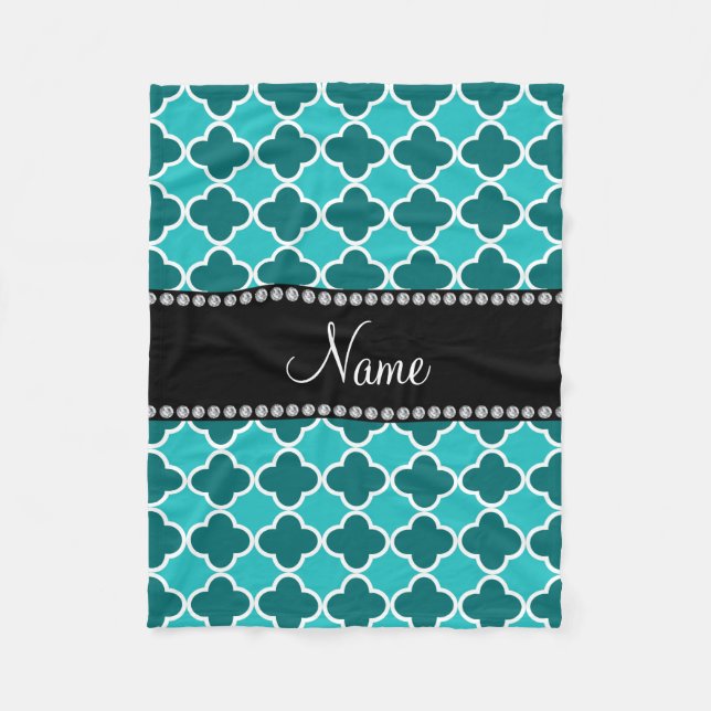 Personalised name turquoise quatrefoil pattern fleece blanket (Front)