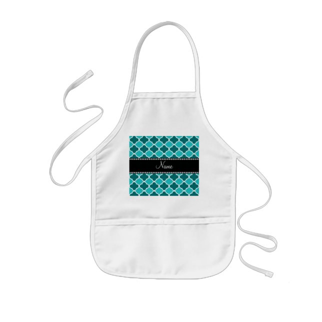 Personalised name turquoise quatrefoil pattern kids apron (Front)