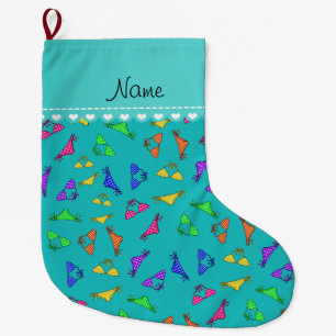 Personalised name turquoise rainbow bikinis large christmas stocking