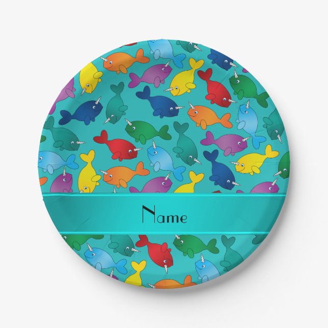 Personalised name turquoise rainbow narwhals paper plate (Front)
