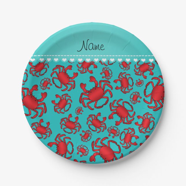 Personalised name turquoise red crab pattern paper plate (Front)