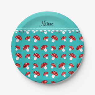 Personalised name turquoise red mushrooms paper plate