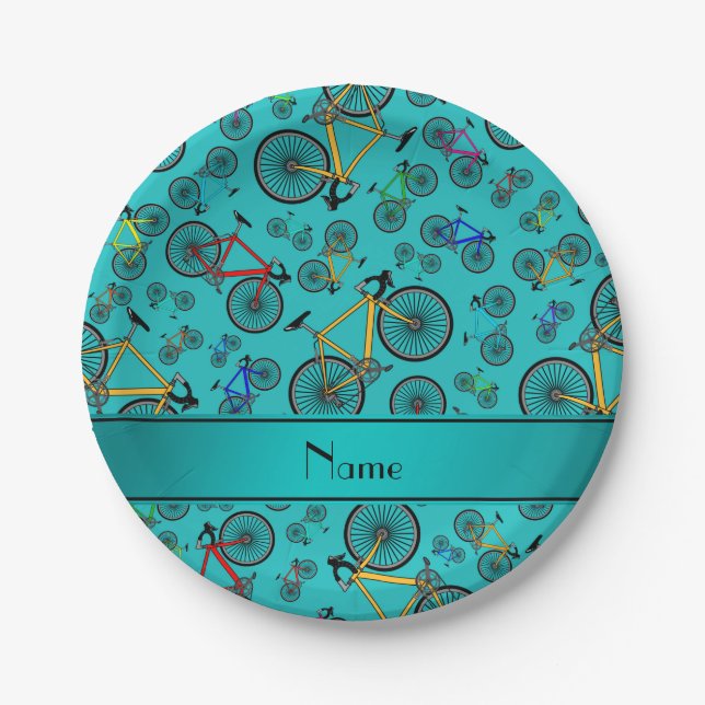 Personalised name turquoise road bikes paper plate (Front)