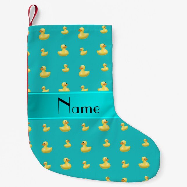 Personalised name turquoise rubber duck pattern small christmas stocking (Front)