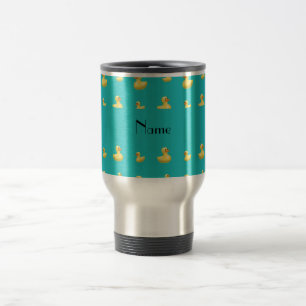 Personalised name turquoise rubber duck pattern travel mug