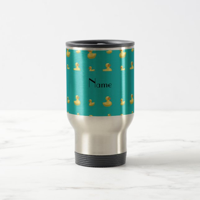Personalised name turquoise rubber duck pattern travel mug (Center)