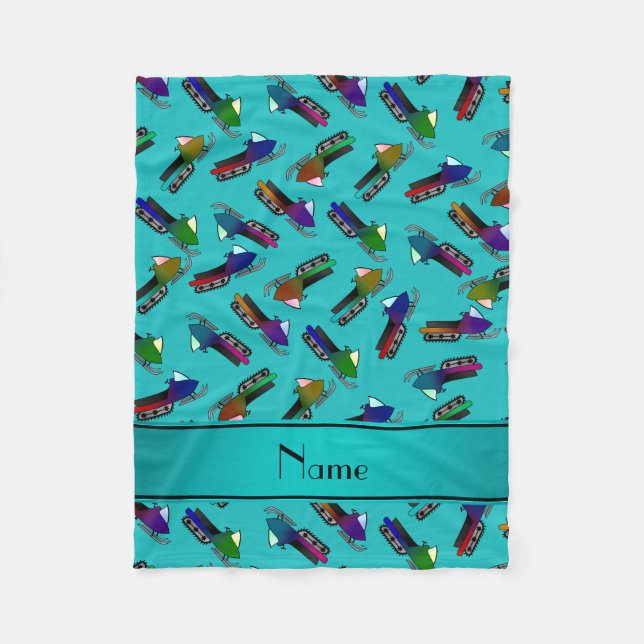 Personalised name turquoise snowmobiles fleece blanket (Front)