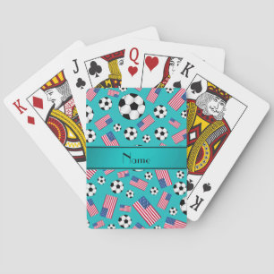 Personalised name turquoise soccer american flag playing cards