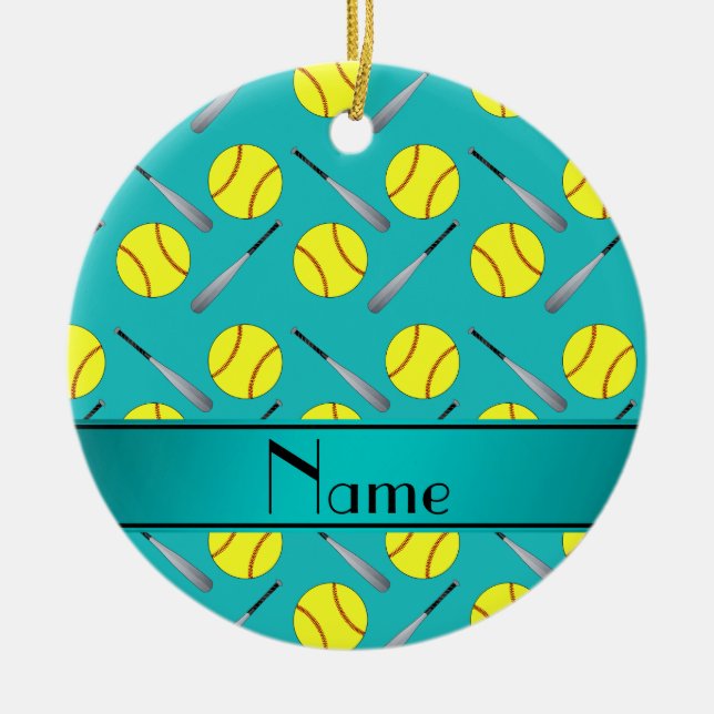 Personalised name turquoise softball pattern ceramic tree decoration (Front)