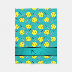 Personalised name turquoise softball pattern fleece blanket