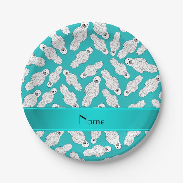 Personalised name turquoise spotted seal paper plate (Front)