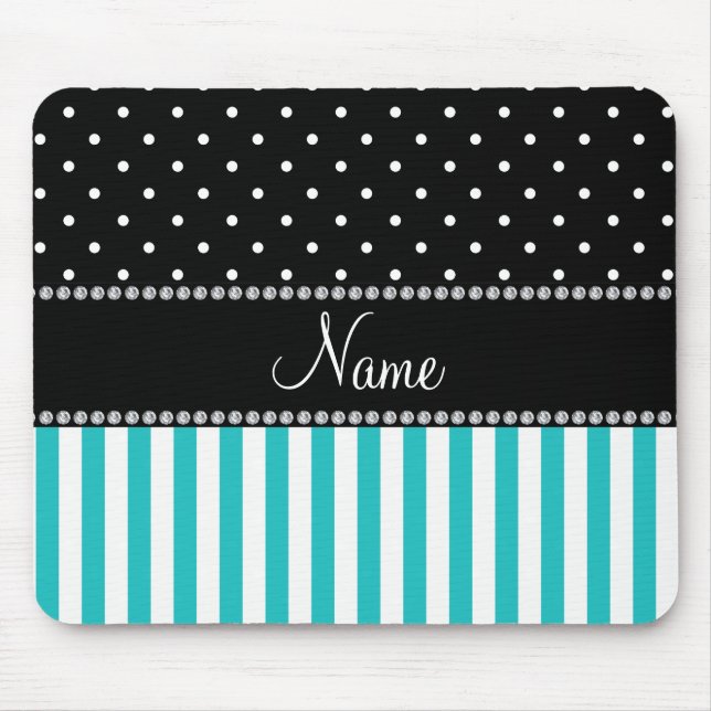 Personalised name turquoise stripes black dots mouse pad (Front)