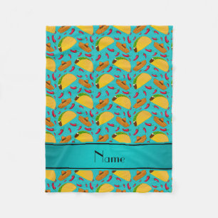 Personalised name turquoise tacos sombreros chilis fleece blanket