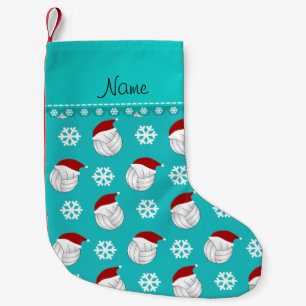 Personalised name turquoise volleyballs santa hats small christmas stocking
