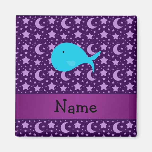 Personalised name turquoise whale purple stars magnet (Front)