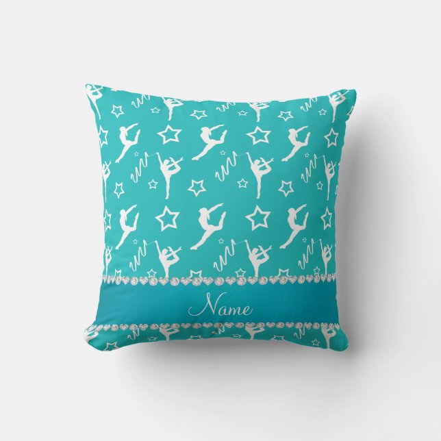 Personalised name turquoise white gymnastics stars cushion (Front)
