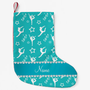 Personalised name turquoise white gymnastics stars small christmas stocking