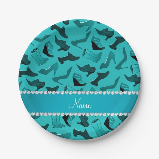 Personalised name turquoise women's shoes pattern paper plate (Front)