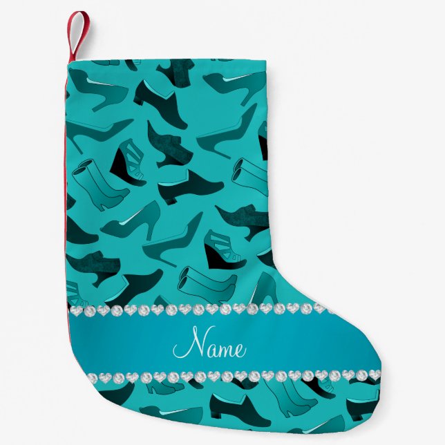 Personalised name turquoise women's shoes pattern small christmas stocking (Front)