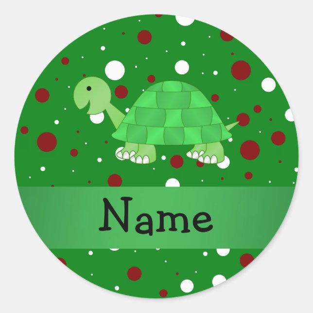 Personalised name turtle christmas polka dots classic round sticker (Front)