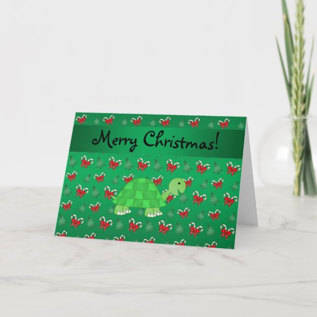 Personalised name turtle green candy canes bows holiday card (Front)
