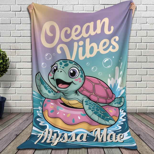 Personalised Name Turtle Ocean Vibes Customisable  Fleece Blanket (Creator Uploaded)
