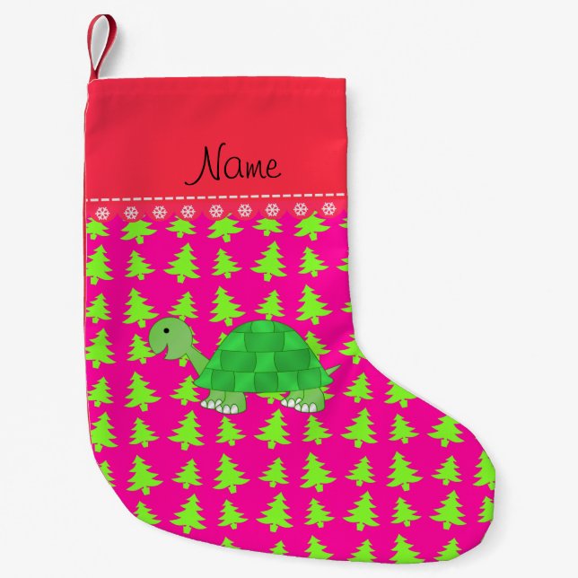 Personalised name turtle pink green christmas tree small christmas stocking (Front)